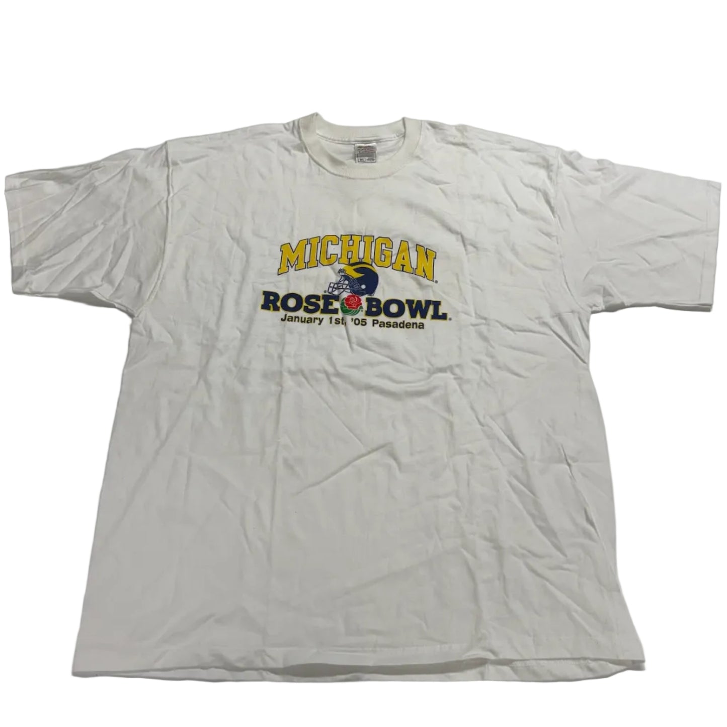 White t-shirt with 'Michigan Rose Bowl' text and logo on a white background