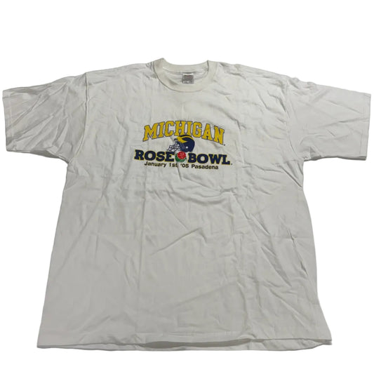 White t-shirt with 'Michigan Rose Bowl' text and logo on a white background
