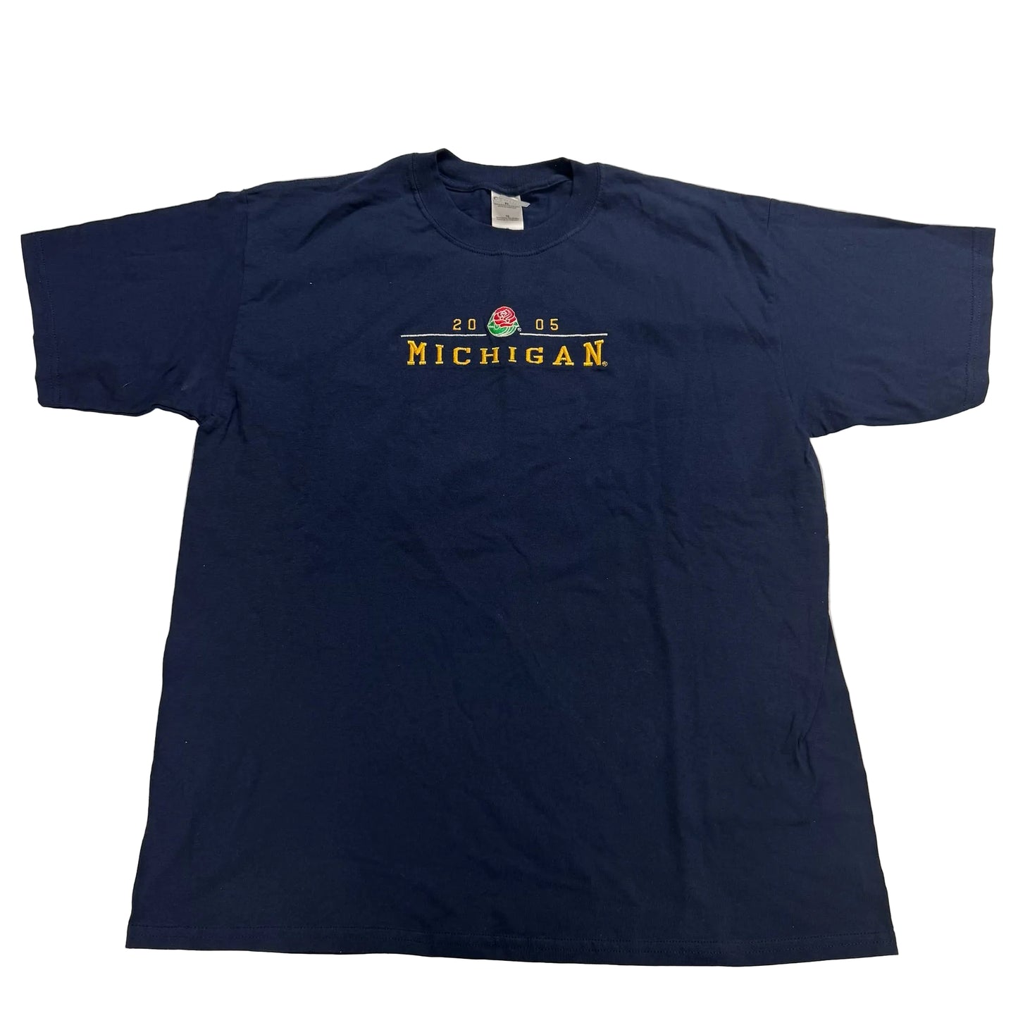 Navy blue t-shirt with 'Michigan' text on a white background