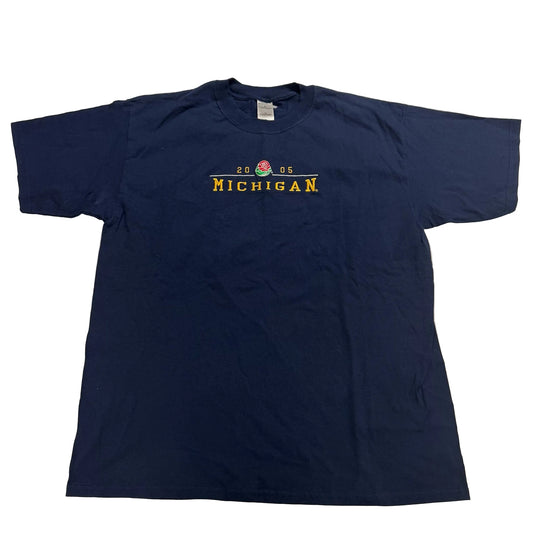Navy blue t-shirt with 'Michigan' text on a white background