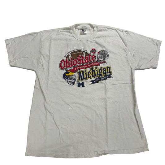White t-shirt with Ohio State and Michigan football design on a white background