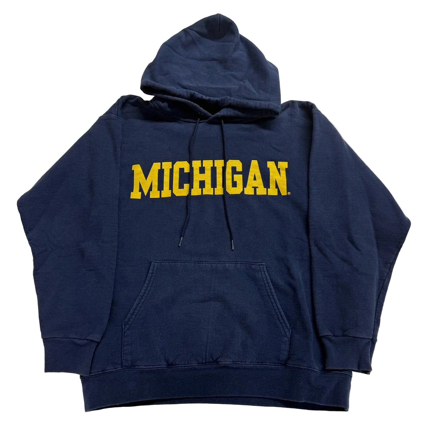 Navy blue hoodie with 'MICHIGAN' printed in yellow on a light gray background