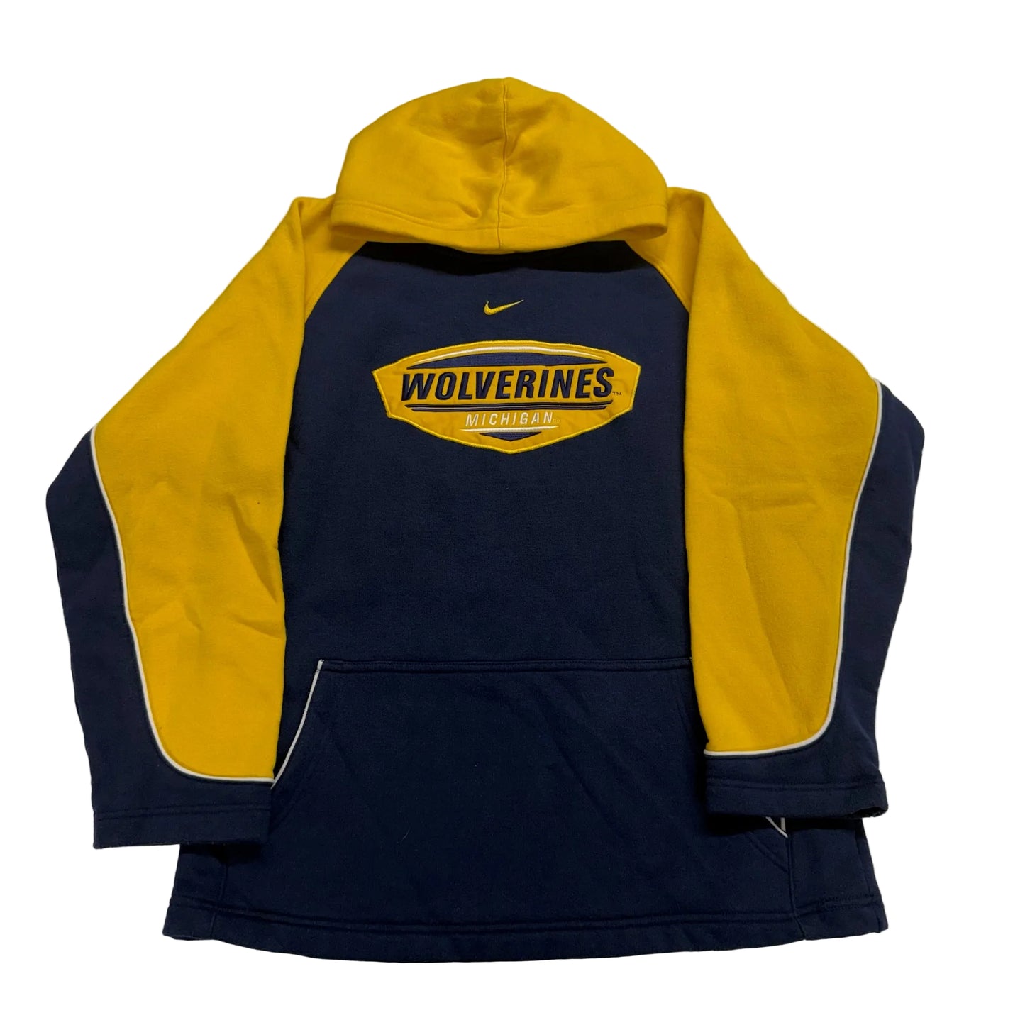 Navy and yellow hoodie with 'Wolverines' and Nike logo on a white background
