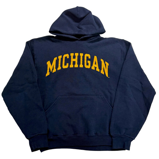 Navy blue hoodie with 'MICHIGAN' printed in yellow on a light gray background