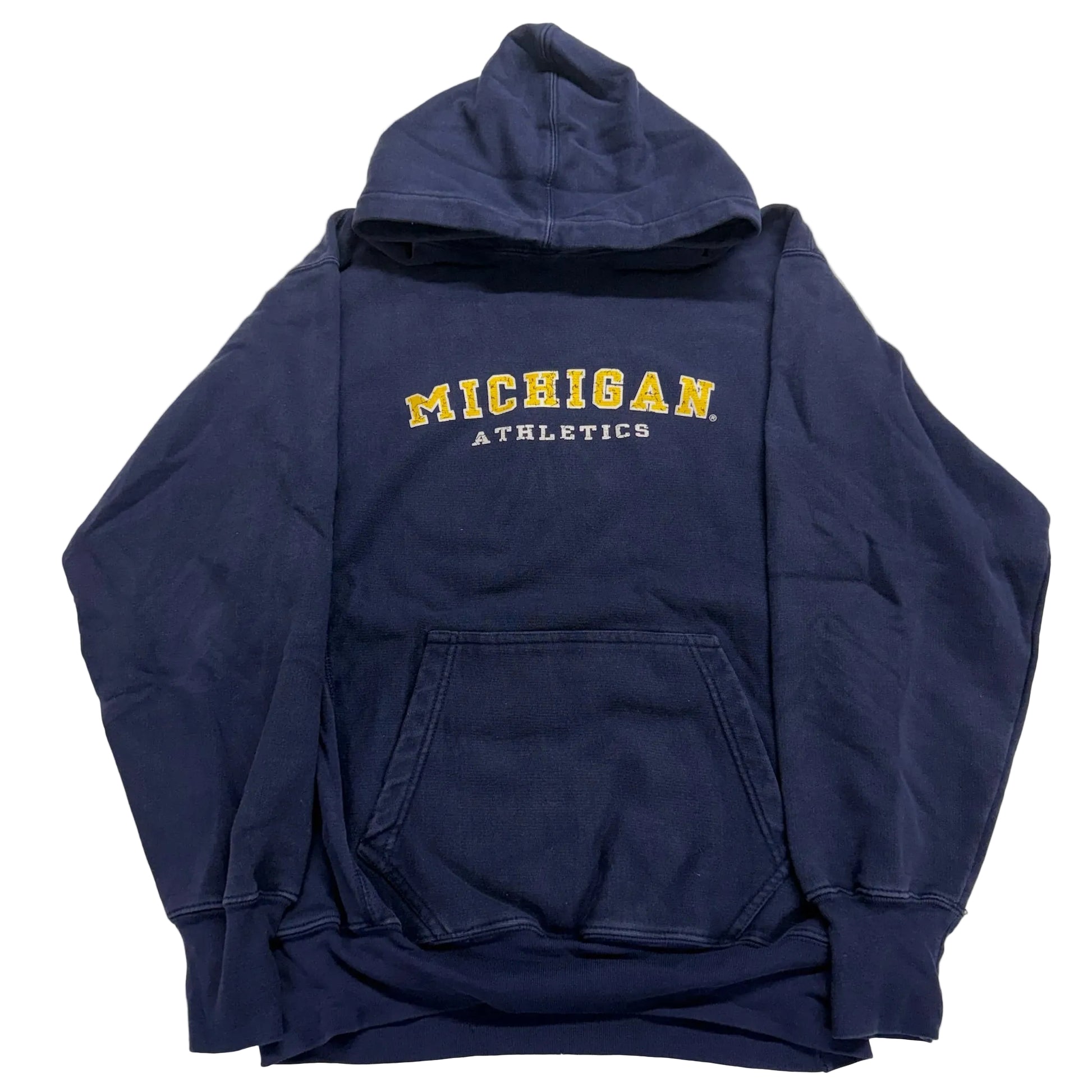 Navy blue hoodie with 'Michigan Athletics' text on a light gray background