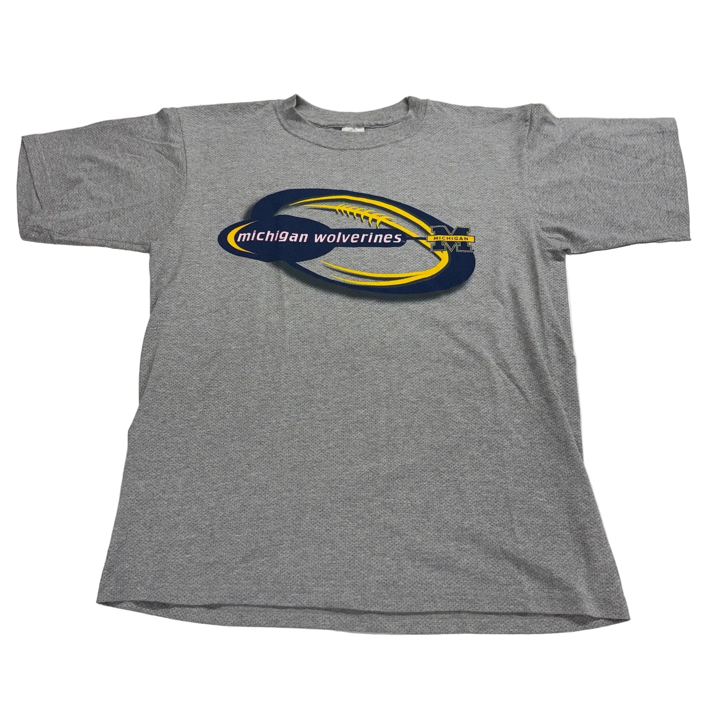 Gray t-shirt with Michigan Wolverines logo on a white background