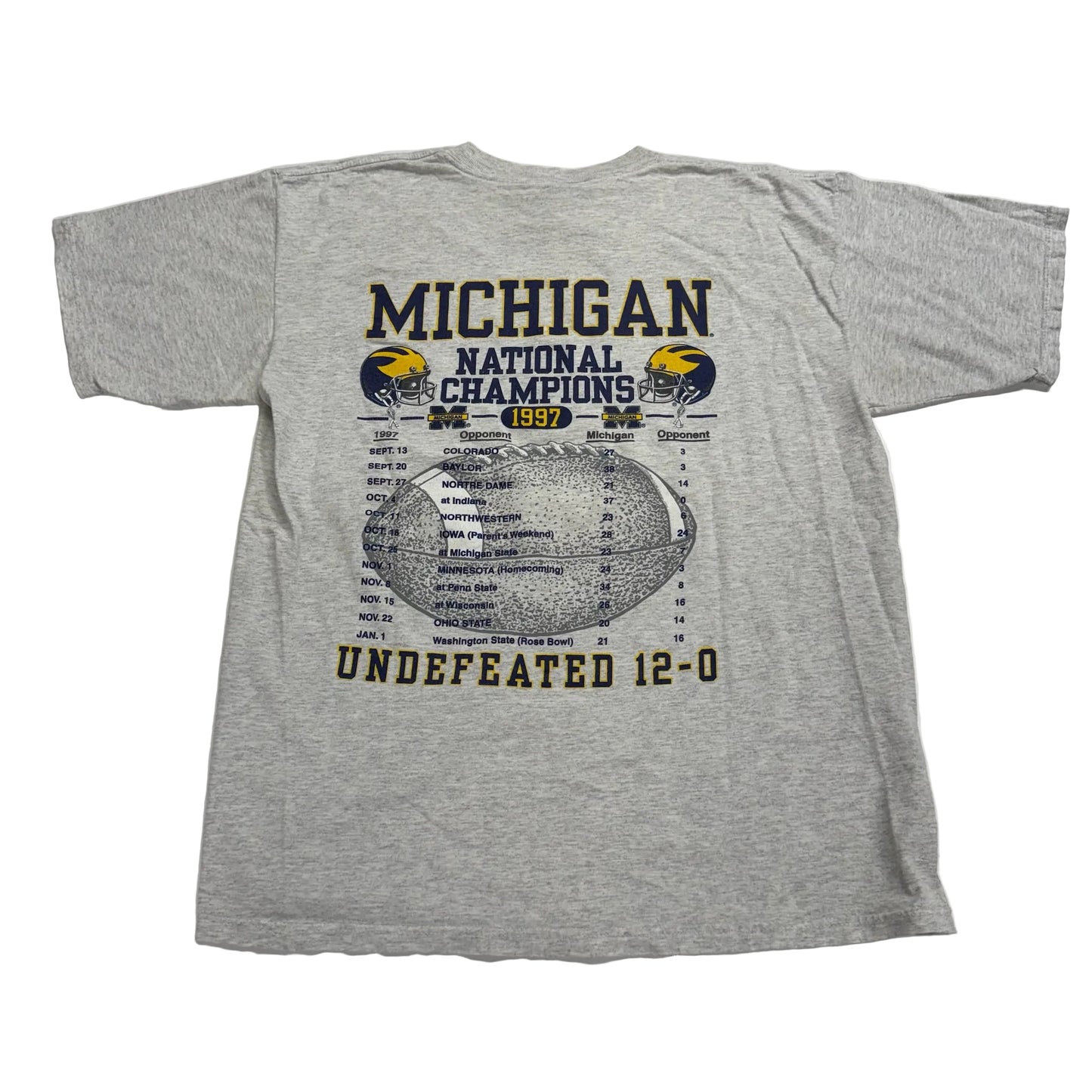Gray t-shirt with 'Michigan National Champions 1997' text and graphics on a white background