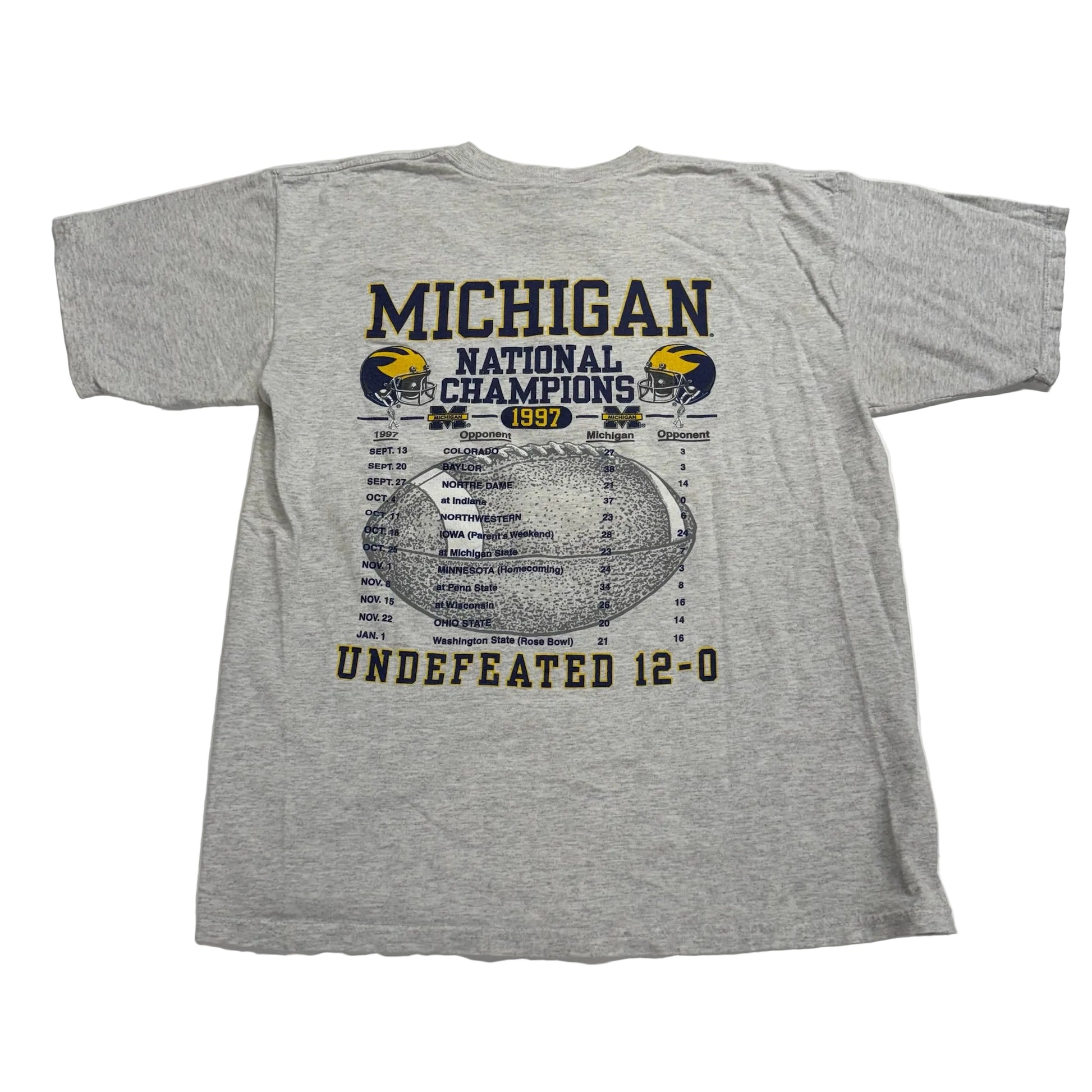 Gray t-shirt with 'Michigan National Champions 1997' text and graphics on a white background