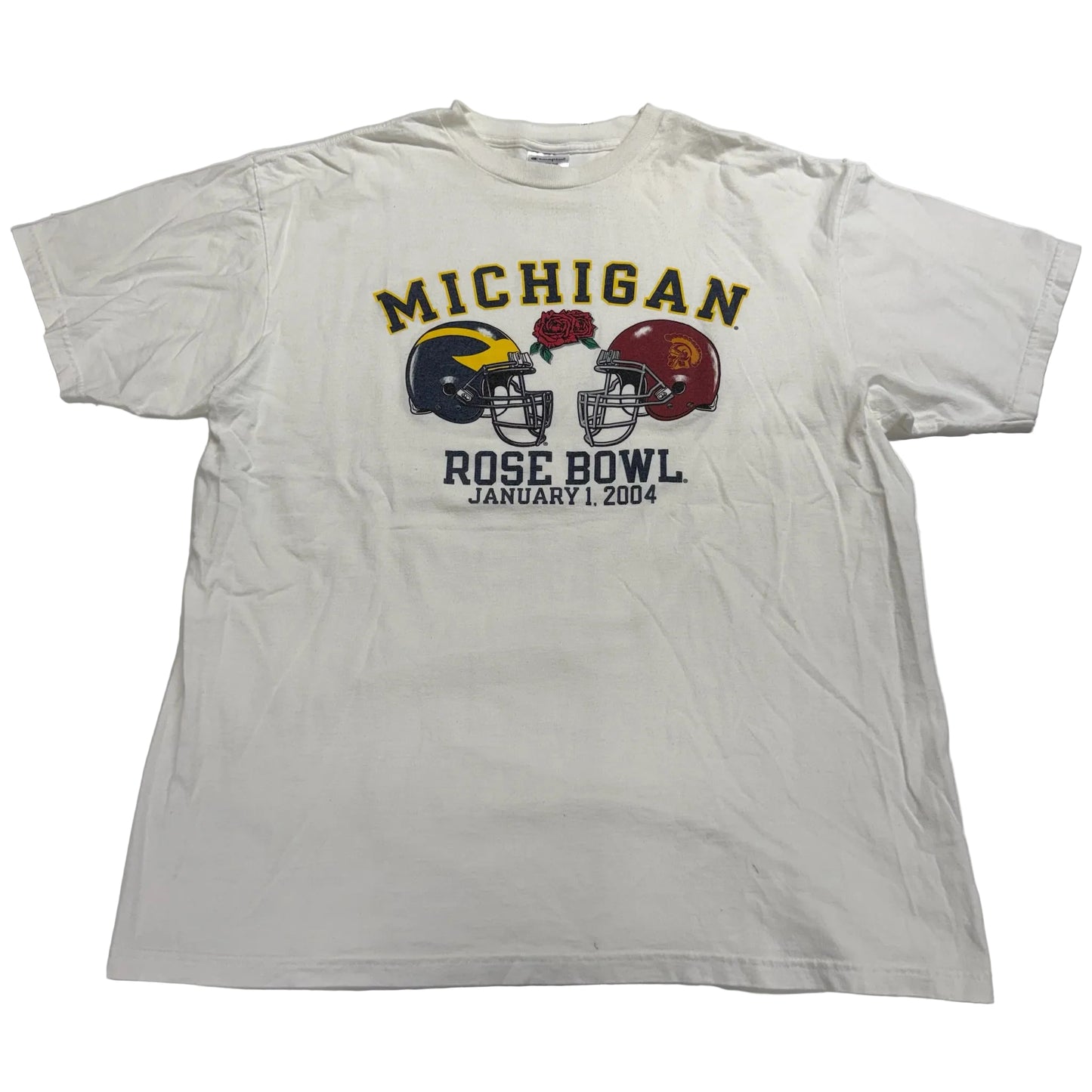 White t-shirt with Michigan Rose Bowl graphic on a white background