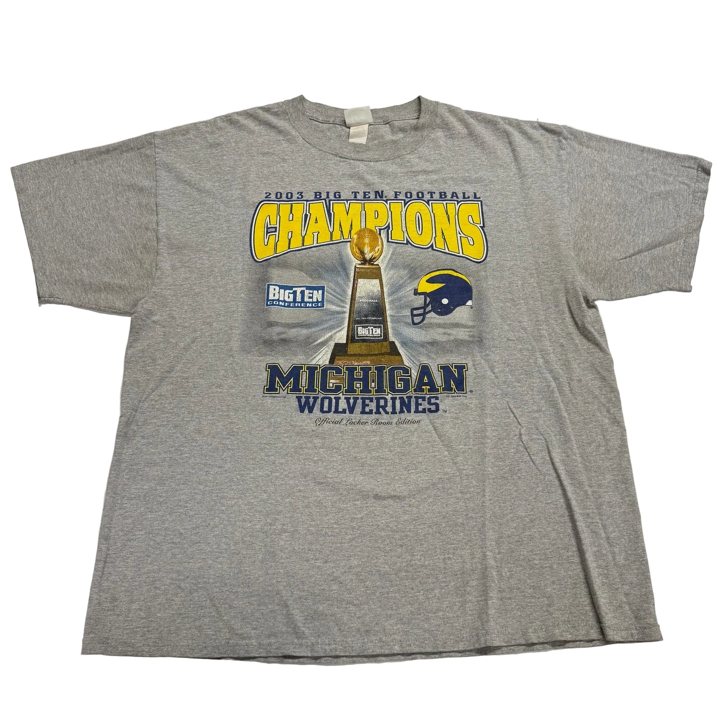 Gray t-shirt with Michigan Wolverines football championship design on a white background