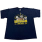 Navy blue t-shirt with yellow text and graphics on a white background