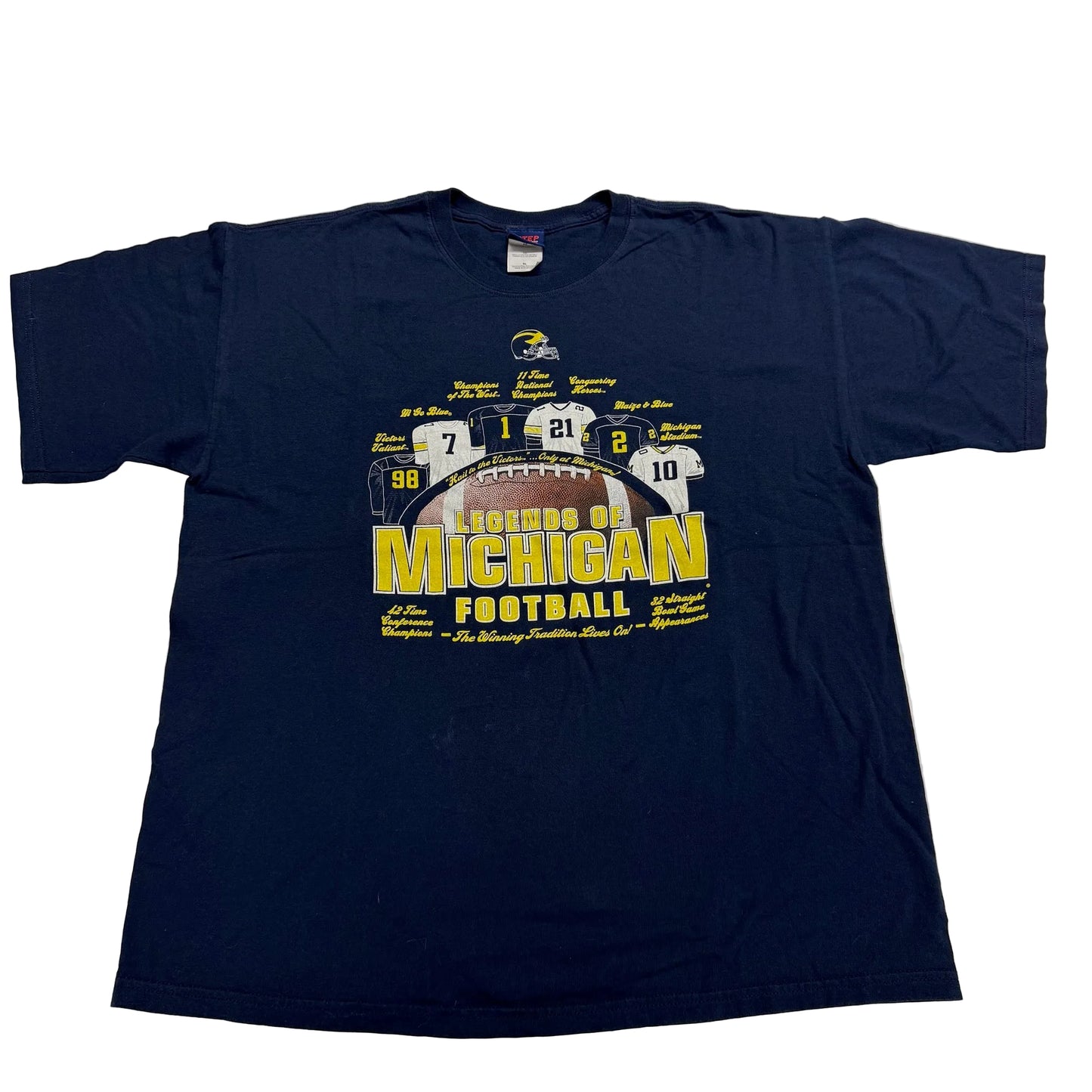 Navy blue t-shirt with yellow text and graphics on a white background