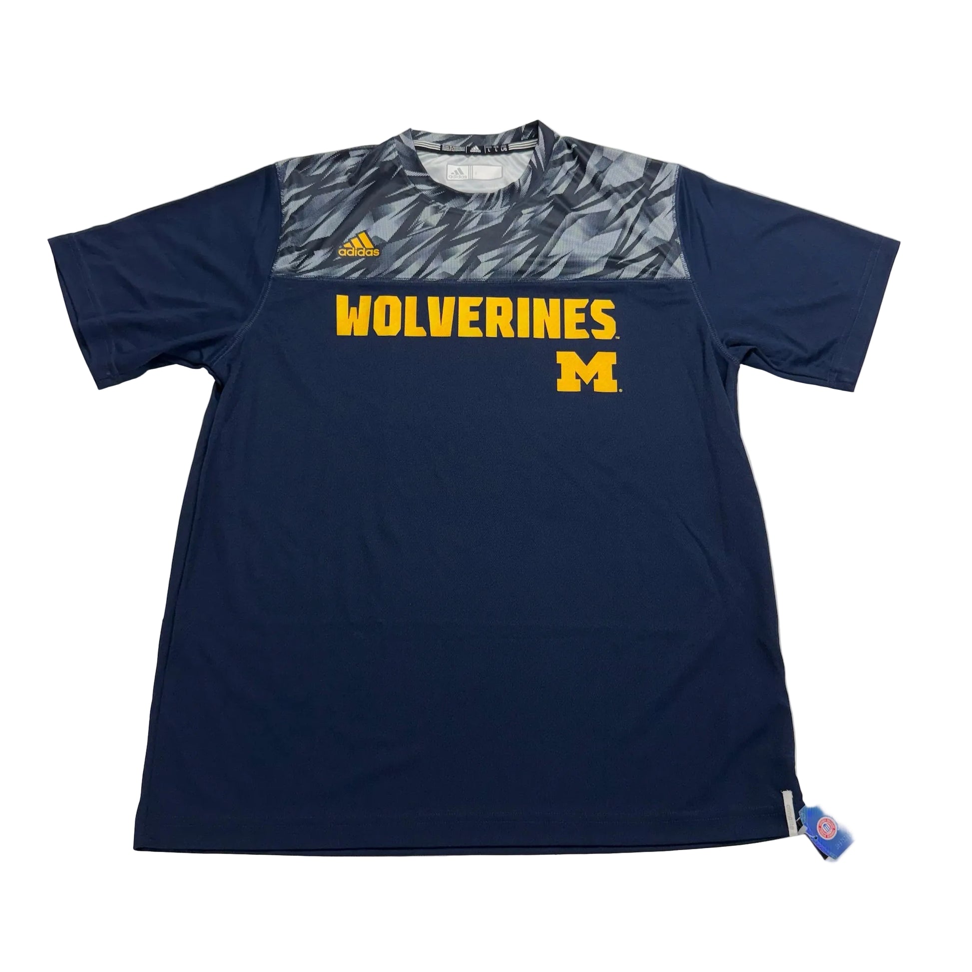 Navy blue sports jersey with 'Wolverines' text and Adidas logo on a white background
