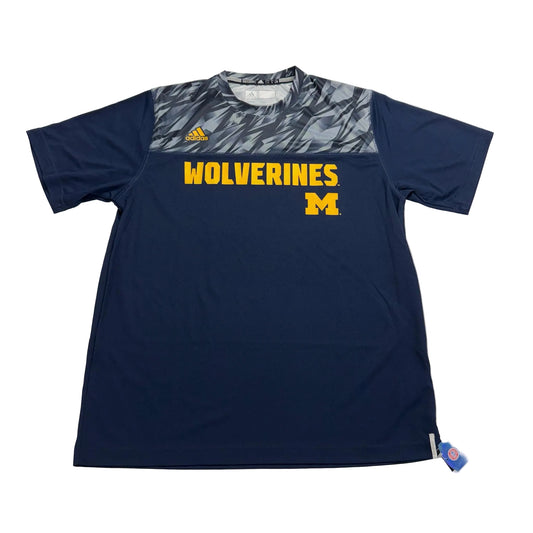 Navy blue sports jersey with 'Wolverines' text and Adidas logo on a white background