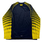 Navy athletic shirt with yellow mesh sleeves on a white background