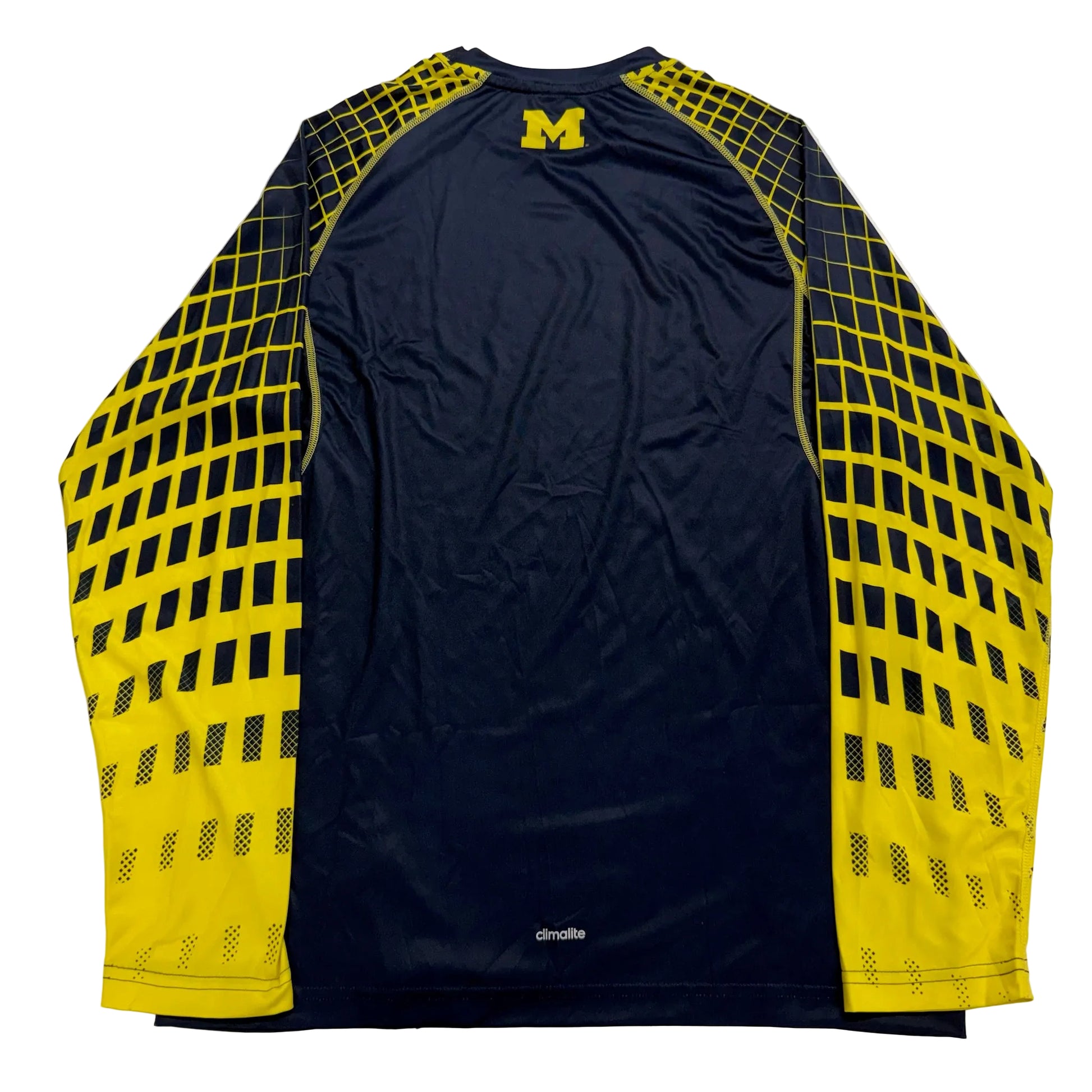 Navy athletic shirt with yellow mesh sleeves on a white background