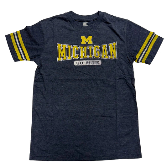 Navy blue t-shirt with 'Michigan Go Blue' text on a white background