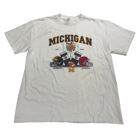 White t-shirt with Michigan and Alabama logos on a white background