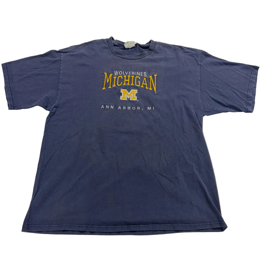 Blue t-shirt with 'Wolverines Michigan Ann Arbor, MI' text on a white background