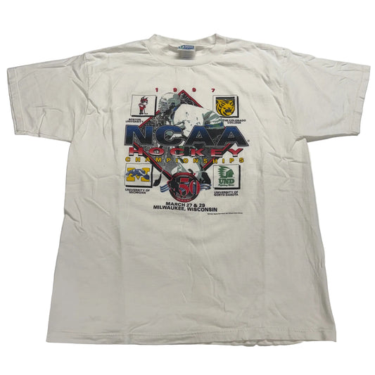 Vintage white t-shirt with NCAA Hockey Championships 1997 graphic on a white background