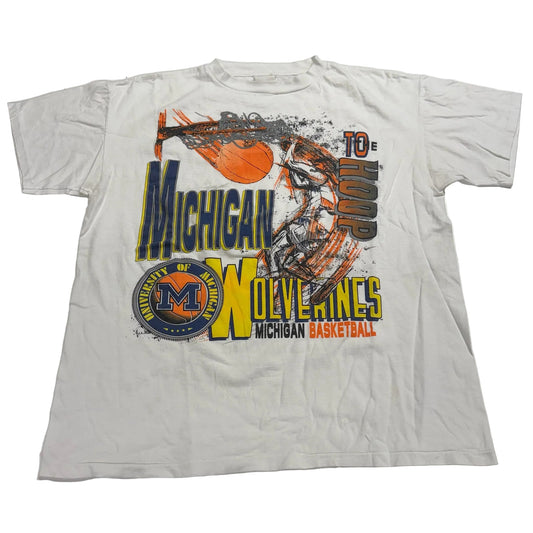 White t-shirt with Michigan Wolverines basketball graphics on a white background