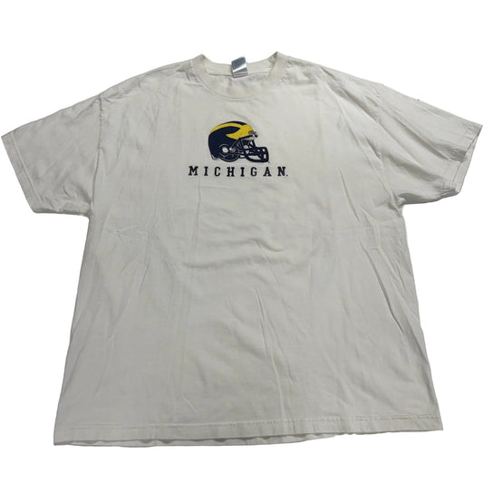 White t-shirt with Michigan helmet logo on a white background