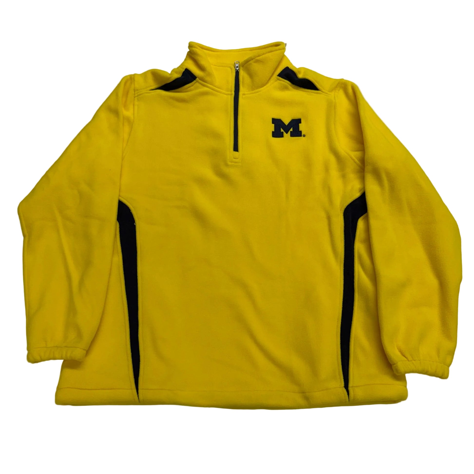 Yellow pullover with black accents and a logo on a white background