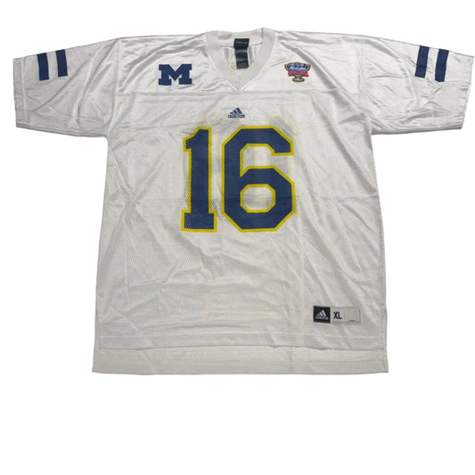 White sports jersey with blue and yellow numbering on a white background