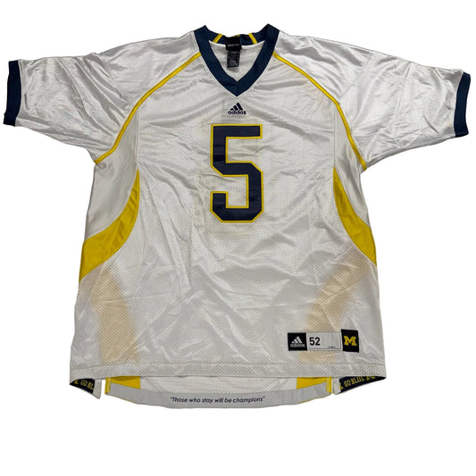 White sports jersey with number 5, Adidas logo, and Michigan Wolverines emblem on a white background