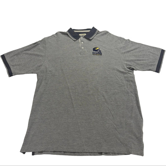 Gray polo shirt with a logo on a white background