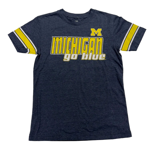 Navy blue t-shirt with 'Michigan go blue' text and yellow accents on a white background