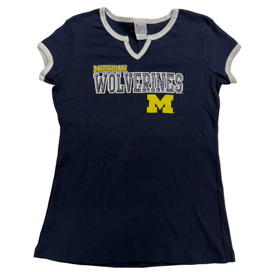 Navy blue t-shirt with 'Michigan Wolverines' text and logo on a white background