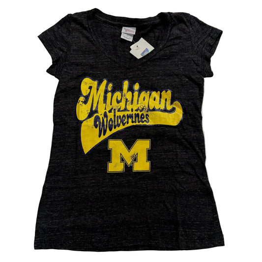 Black t-shirt with 'Michigan Wolverines' text and logo on a white background