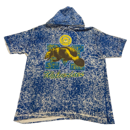 Blue and white speckled hoodie with bear graphic and 'Wolverines' text on a white background