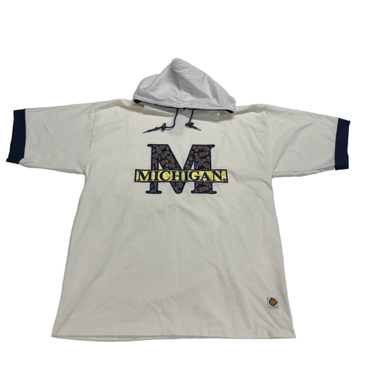 White t-shirt with 'Michigan' print on a white background