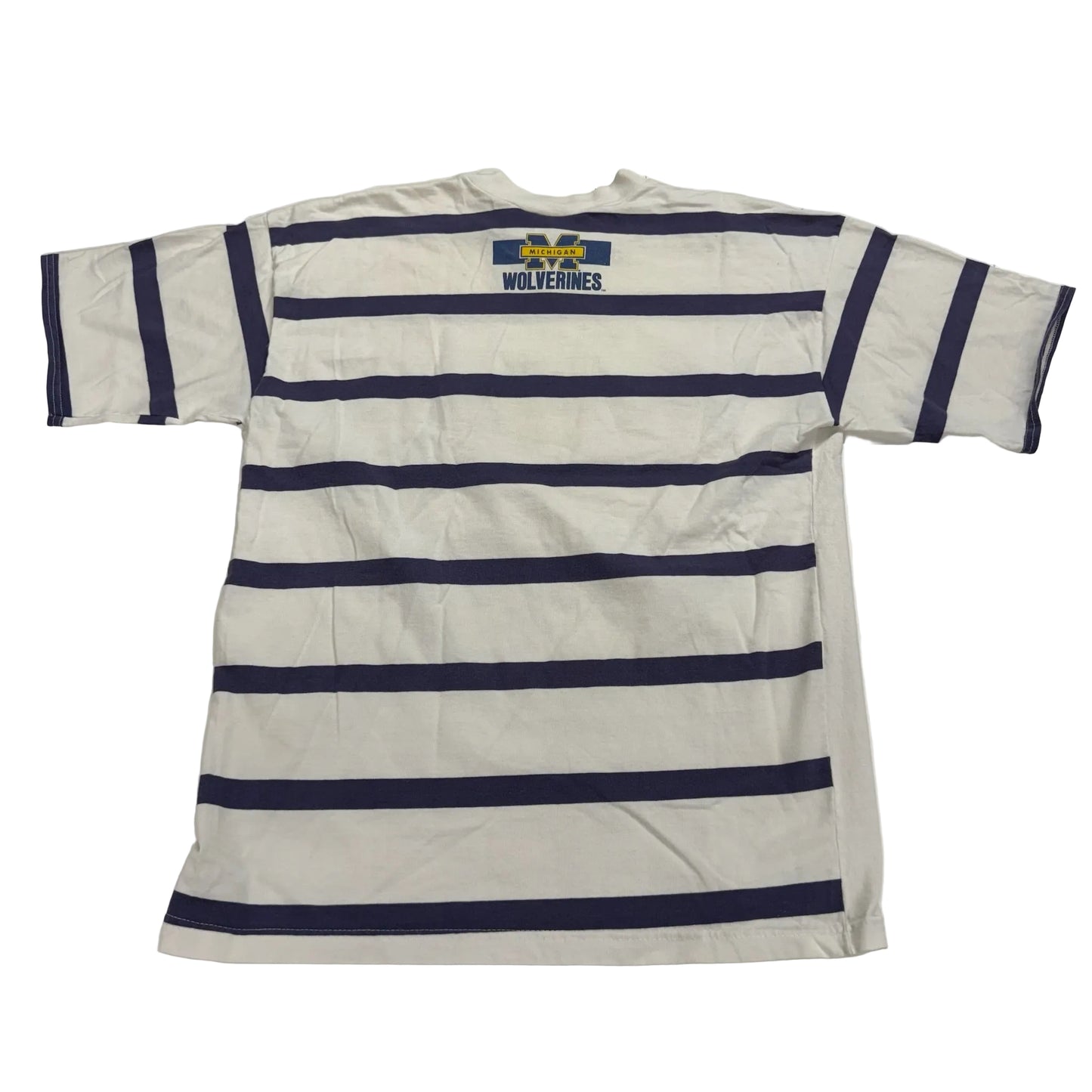 Striped shirt with a logo on the back against a white background