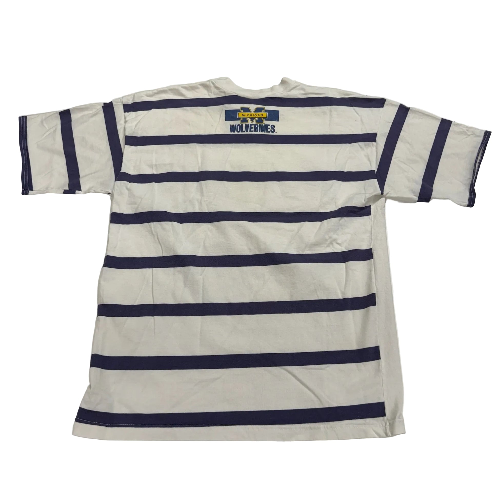 Striped shirt with a logo on the back against a white background