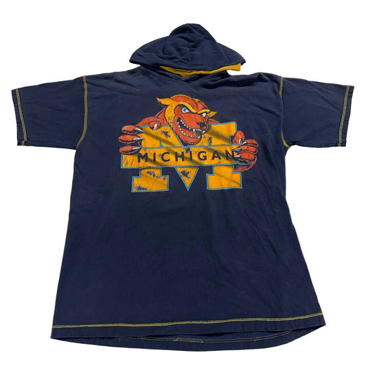 Navy blue hoodie with 'Michigan' logo on a white background