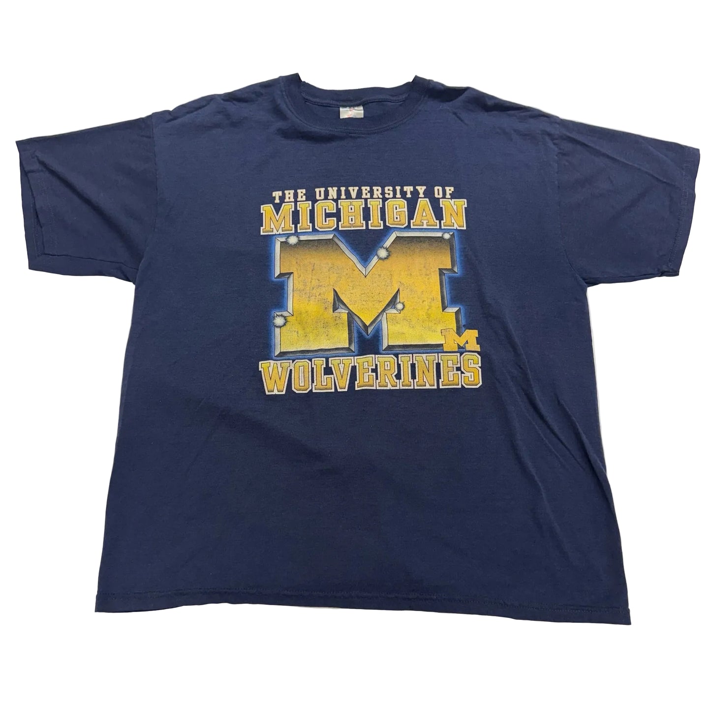 Navy blue t-shirt with 'The University of Michigan Wolverines' logo on a white background