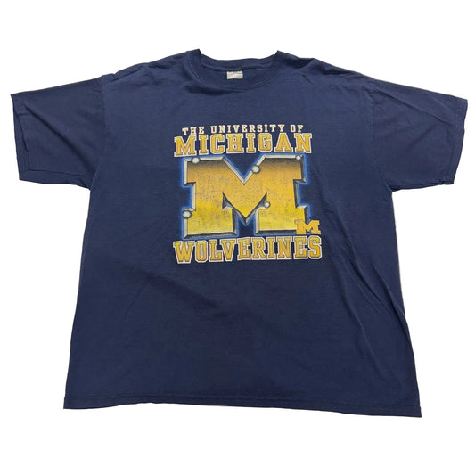 Navy blue t-shirt with 'The University of Michigan Wolverines' logo on a white background