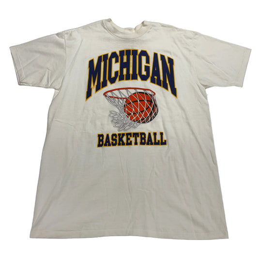 White t-shirt with 'Michigan Basketball' graphic on a white background