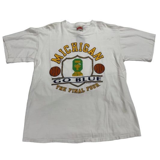 White t-shirt with 'Michigan Go Blue The Final Four' text and graphics on a white background