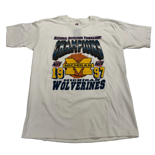 Vintage t-shirt celebrating Michigan Wolverines as National Invitation Tournament Champions in 1987, displayed on a white background.