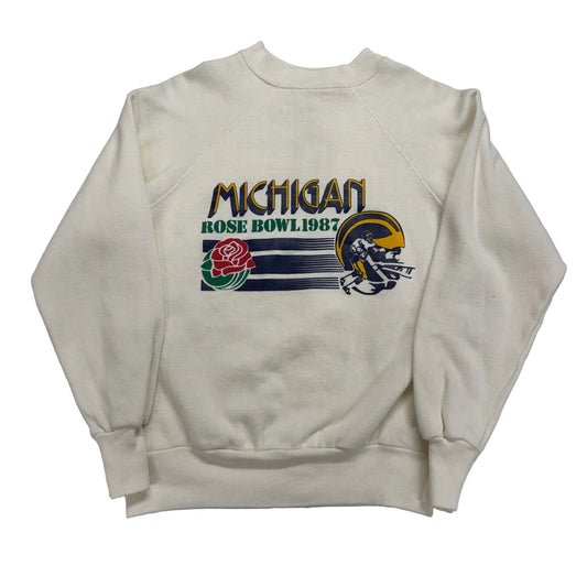 Beige sweatshirt with 'Michigan Rose Bowl 1987' graphic on a white background