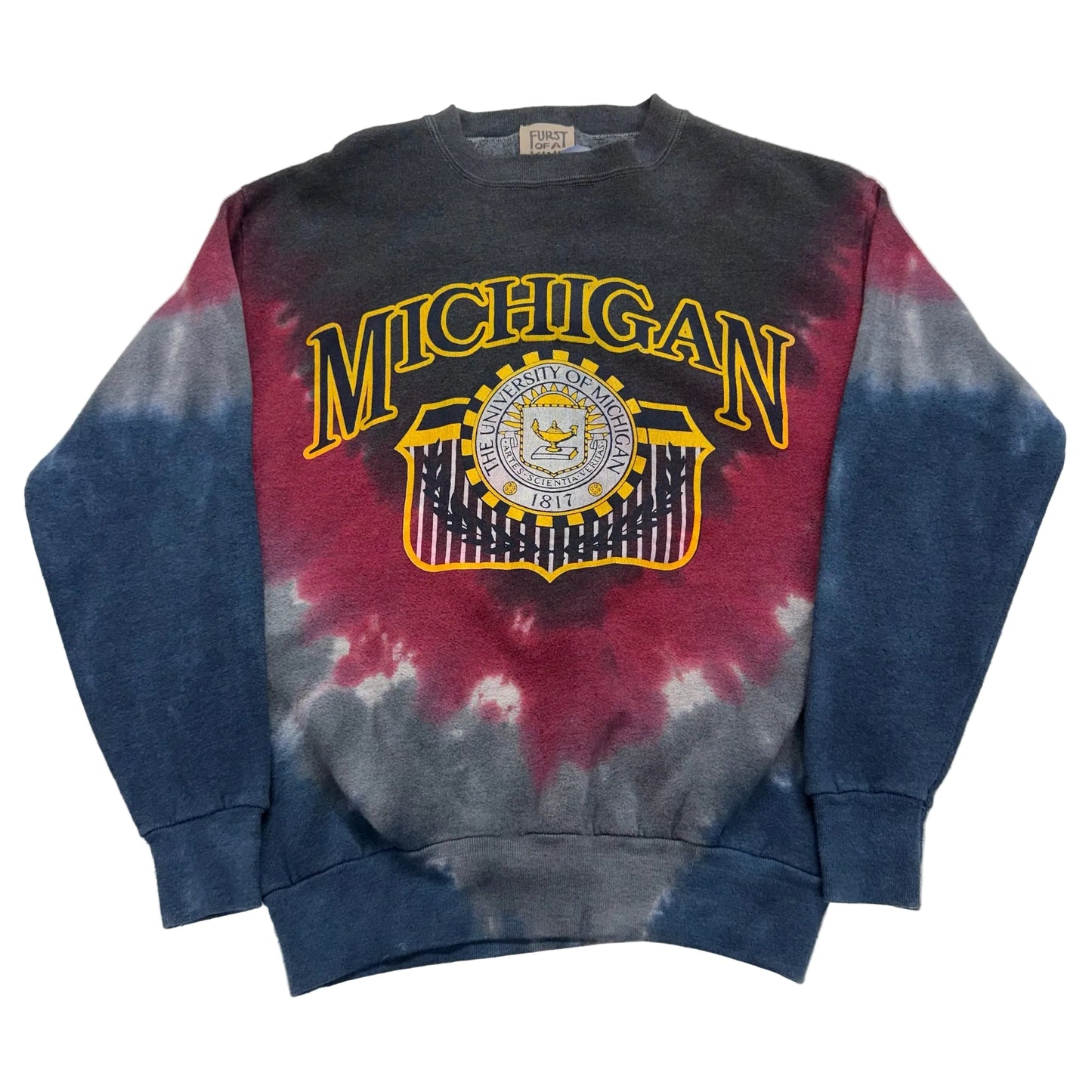 Tie-dye sweatshirt with 'Michigan' and emblem design on a white background
