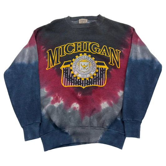Tie-dye sweatshirt with 'Michigan' and emblem design on a white background
