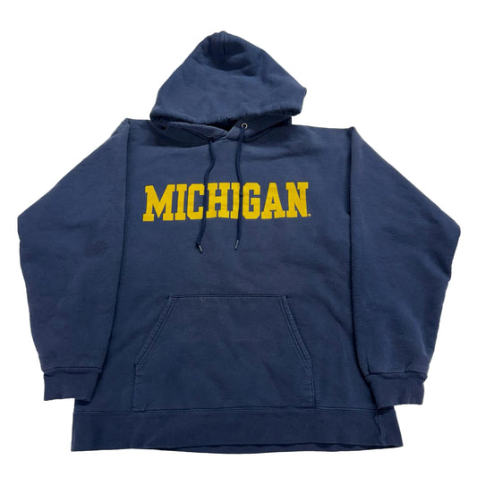 Blue hoodie with 'MICHIGAN' text on a light gray background