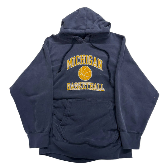 Navy blue hoodie with 'Michigan Basketball' text and logo on a white background