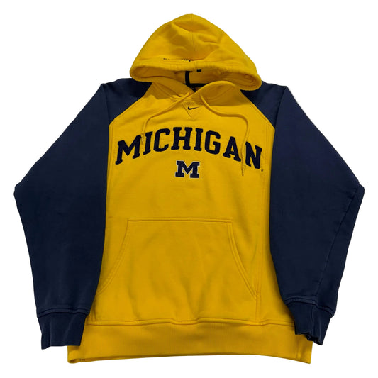 Yellow and navy hoodie with 'Michigan' text on a white background
