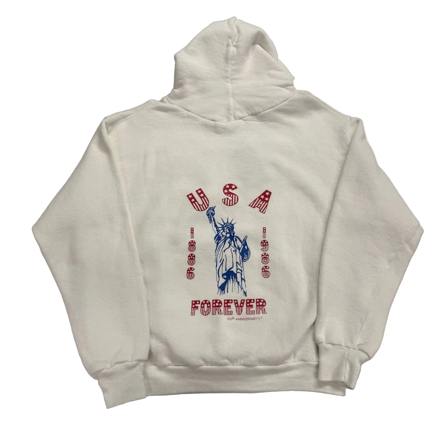 Beige hoodie with Statue of Liberty graphic on a white background